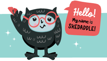 Sketch of an owl with eyeglasses, along with a text bubble that indicates, "Hello! My name is Skedaddle!"